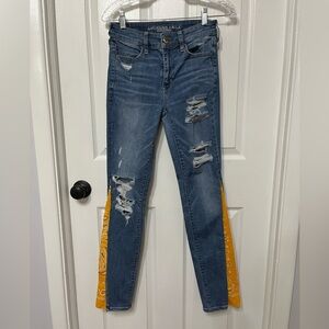 American Eagle upcycled custom bandana jeans‎ size 4 flare super stretch